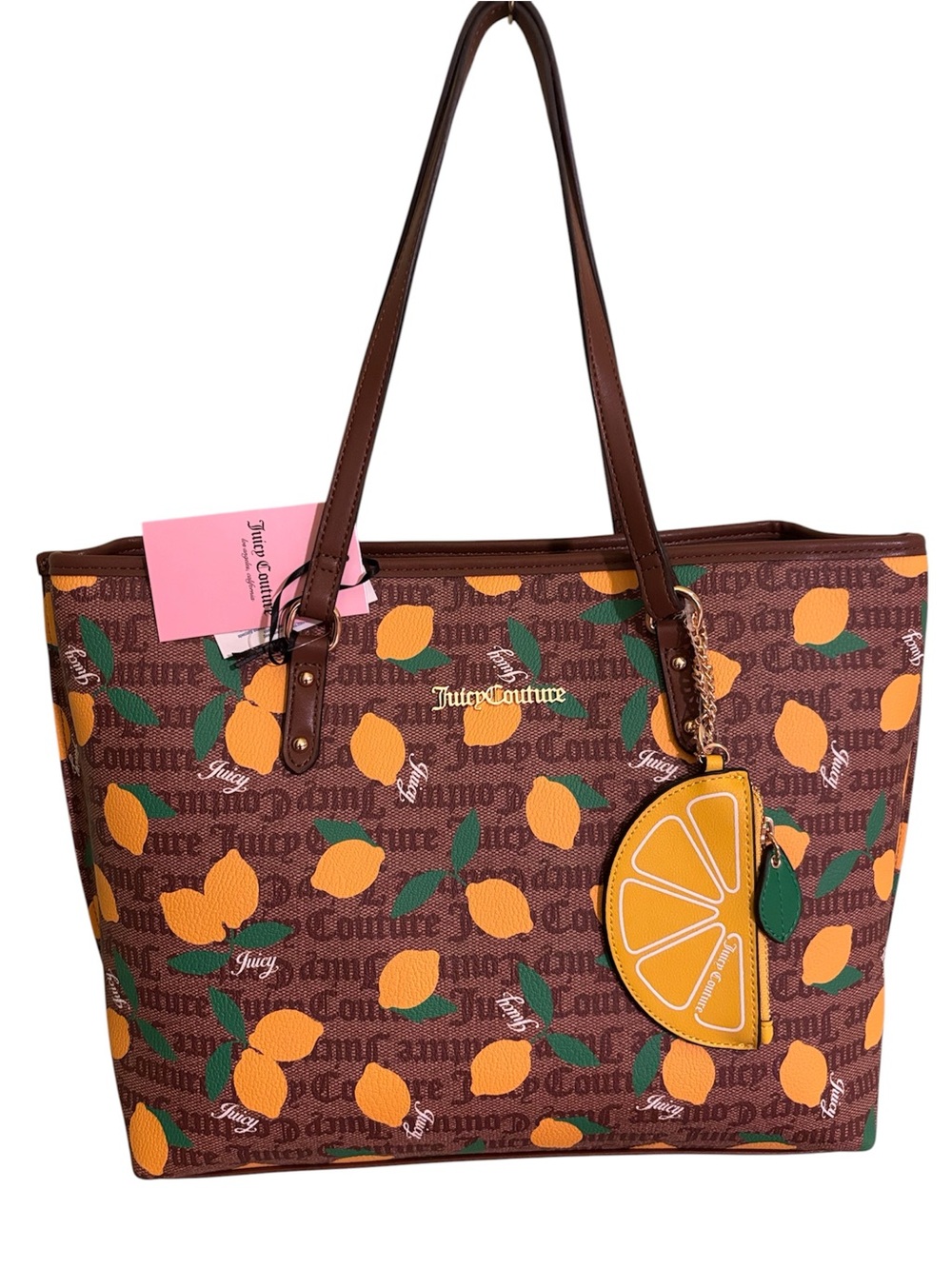 Juicy Couture Brown Tote with Lemon Print and Green Leaves & Bag Charm